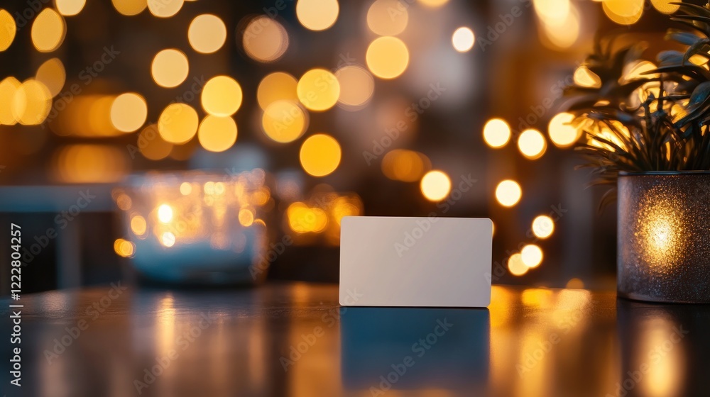 Aufkleber a blank card on a table with soft bokeh lights in the background.