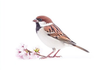 A sparrow perched gracefully beside delicate cherry blossom petals against a clean white background