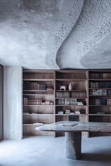 Modern library with wooden bookshelves, a sculptural stone table, and a textured ceiling. The muted tones create a sophisticated and serene atmosphere.