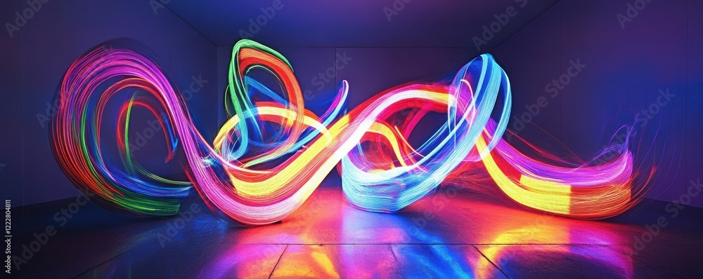 Poster vibrant neon light trails creating dynamic abstract patterns in a dark room