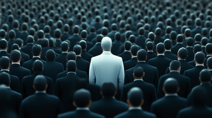 Leader stands out in crowd of monochrome suits, symbolizing individuality, leadership, and uniqueness in a sea of conformity.