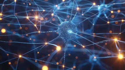 3D Illustration of Neuron Cell Network, Synaptic Transmission, Neural Communication, banner in blue, gold and dark blue