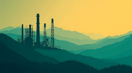 Industrial plant sunset mountain landscape