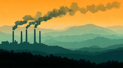 Pollution, factory, mountains, sunset, air, environmental impact