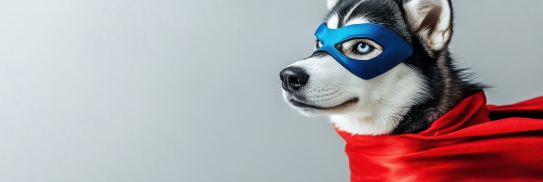 A dog dressed as a superhero with a cape and mask, showcasing a playful and heroic theme.