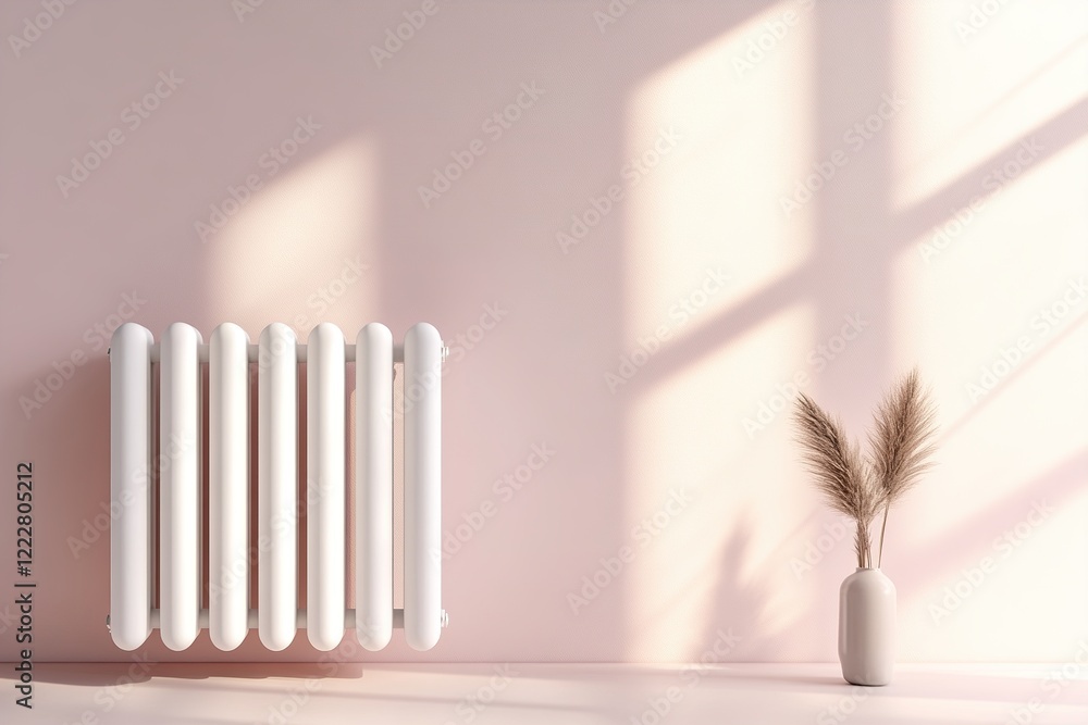Poster a modern radiator emits soft glowing heat waves in a minimalistic setting. the neutral background fe