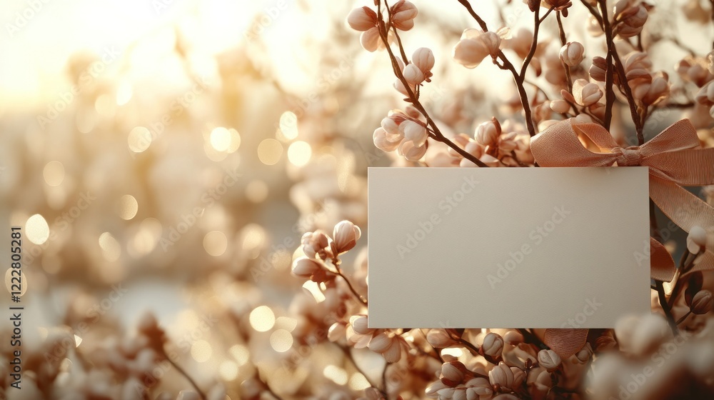 Aufkleber a soft-focus image of a flower branch with a blank card for messages or notes.