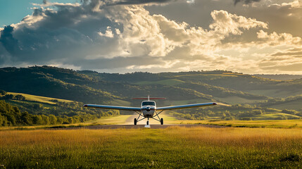 Fototapeta premium Small Propeller Airplane Lands on a Rural Grass Runway at Sunset