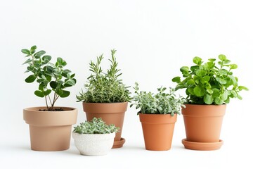Fototapeta premium Elegant Arrangement of Fresh Herbs in Terracotta Pots - A Natural Home Decor Delight