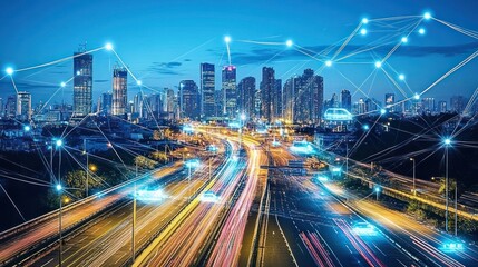 Night Cityscape Showing Connected Autonomous Vehicles