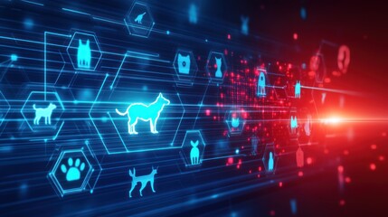 Digital representation of animals with a focus on dogs in a tech-inspired design.