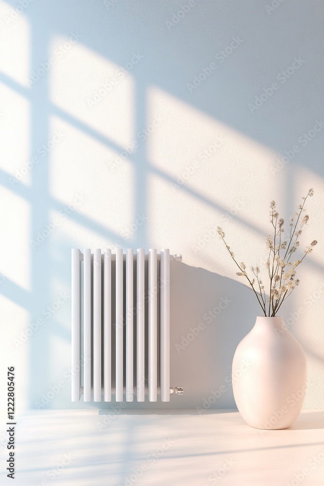 Poster a sleek modern radiator softly emits warmth, enhancing a peaceful environment. the subtle reflection