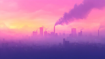 Fototapeta premium Smog-shrouded city sunrise, pollution, industrial