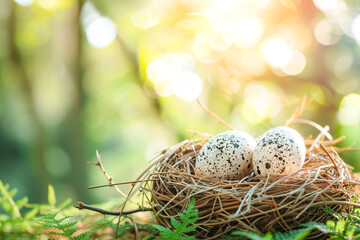 Obraz premium A pair of eggs resting in a nest in the woods, representing fertility, nature, and tranquility.