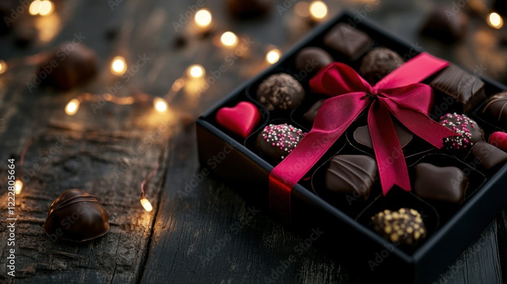 Poster valentine special chocolates unwrapped from a sleek matte black box tied with a deep red satin ribbo