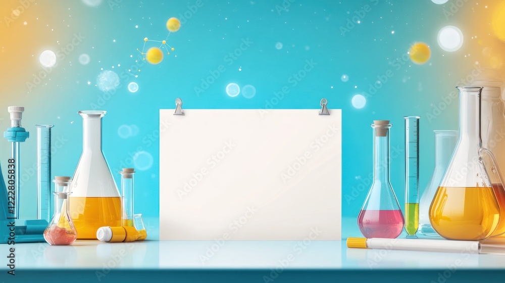 Poster a colorful laboratory scene with glassware and a blank space for text or graphics.