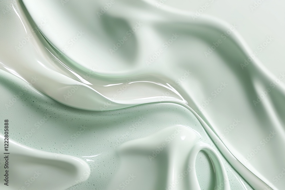 Poster the visual features a smooth liquid flow with soft, glowing textures in green and blue. set on a whi