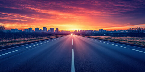 Urban sunset along an empty road leading to skyline