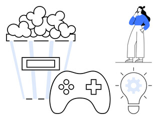 A young woman stands thinking beside large popcorn, game controller, and light bulb with gear. Ideal for creativity, gaming, innovation, entertainment, brainstorming leisure productivity. Abstract