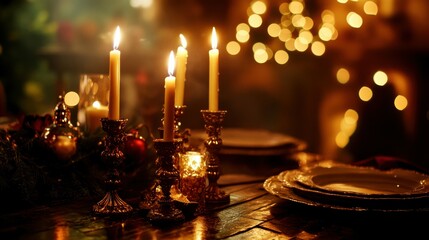 Valentine's candlelight dinner scene, dark mahogany table adorned with rich golden candles in baroque-style holders, mist pooling around the base, accented by deep crimson and olive green tones,