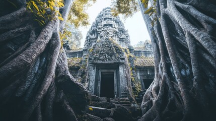Obraz premium Ancient Temple Ruins Enveloped by Majestic Tree Roots