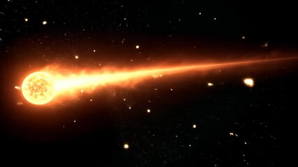 Comet with fire tail motion animation on black background. Star flying in space. Concept of cosmic or galaxy events. For design, intro, outro, and background