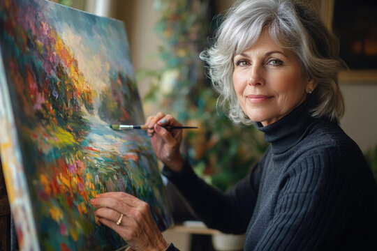 A mature woman artist paints a vibrant landscape, showcasing her skill and passion.