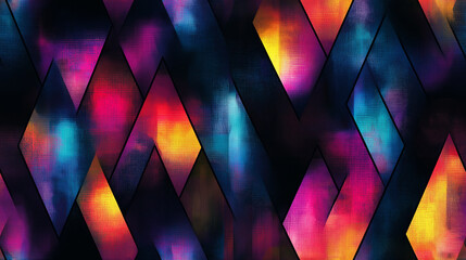 A seamless pattern of abstract geometric prisms and gradients, in shades of cyan, magenta, and yellow on a sleek black background