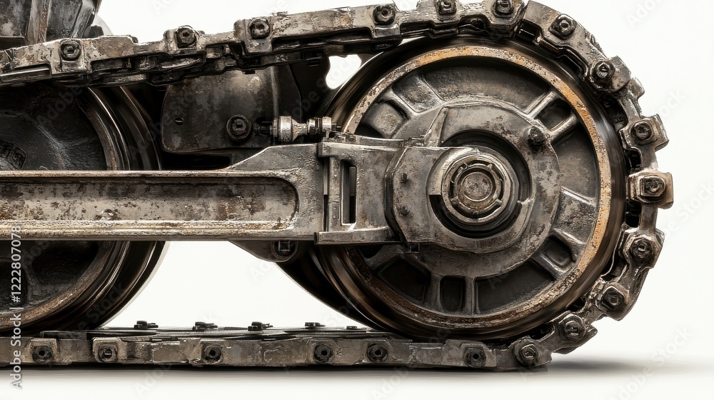Poster close-up view of a weathered tank track showcasing intricate mechanical details and textures