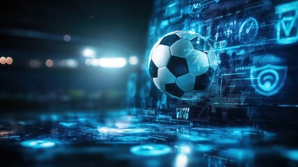 A digital soccer ball surrounded by futuristic graphics and glowing elements.