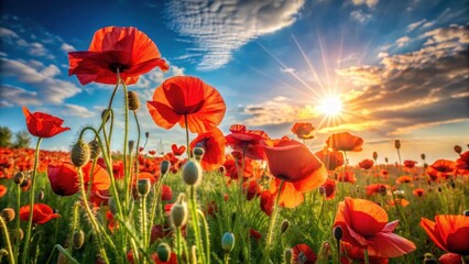 Obraz premium A vast expanse of vibrant red poppies swaying gently in the warm sunlight, with the bright sun shining down upon them , floral