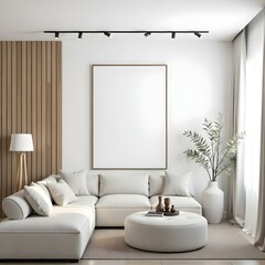 A modern living room featuring a light-colored sectional sofa with plush cushions, a round ottoman in the center, and a framed canvas on the wall.