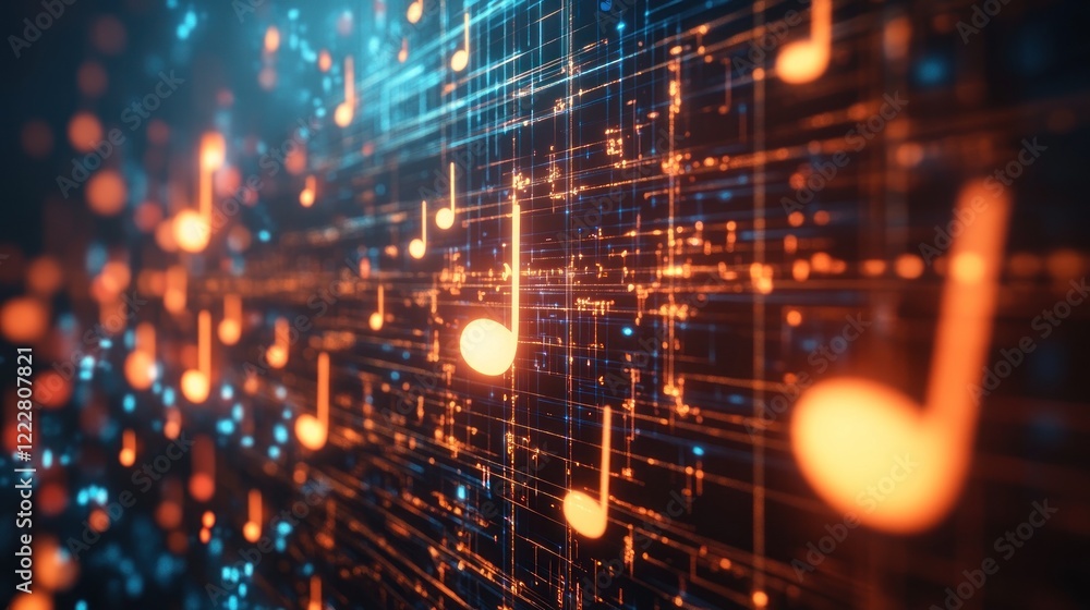 Poster a vibrant digital representation of musical notes intertwined with glowing data lines.