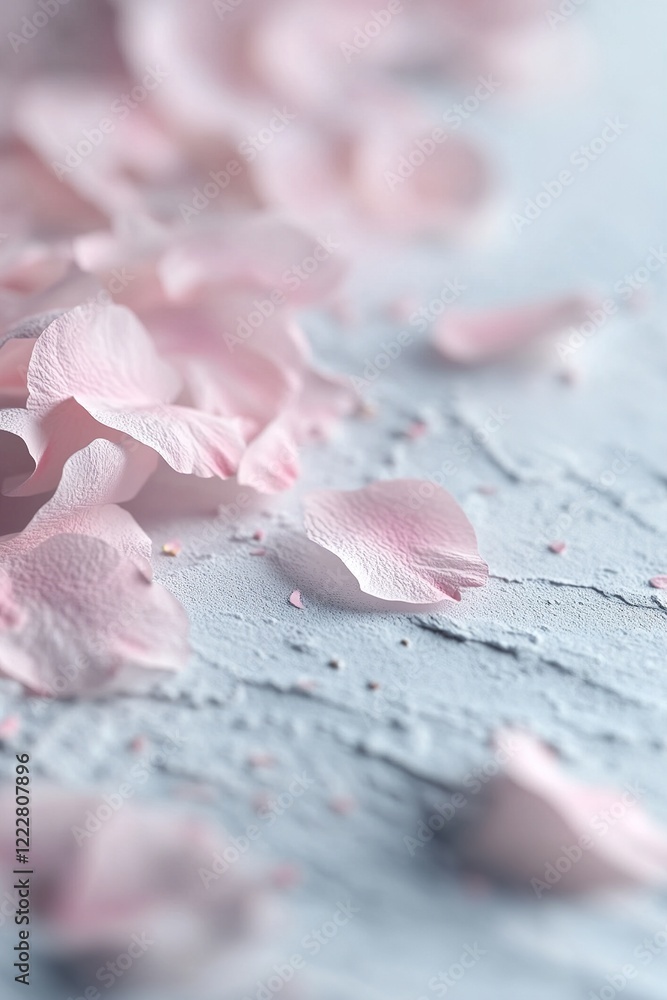 Poster delicate cherry blossom petals are scattered softly across a smooth white surface, creating an elega