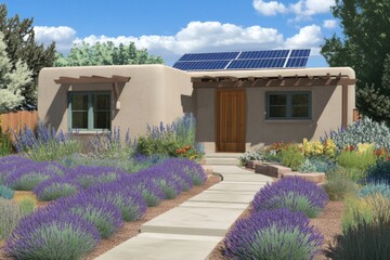 Charming adobe home featuring solar panels, nestled within a vibrant garden that flourishes under a beautiful, clear blue sky