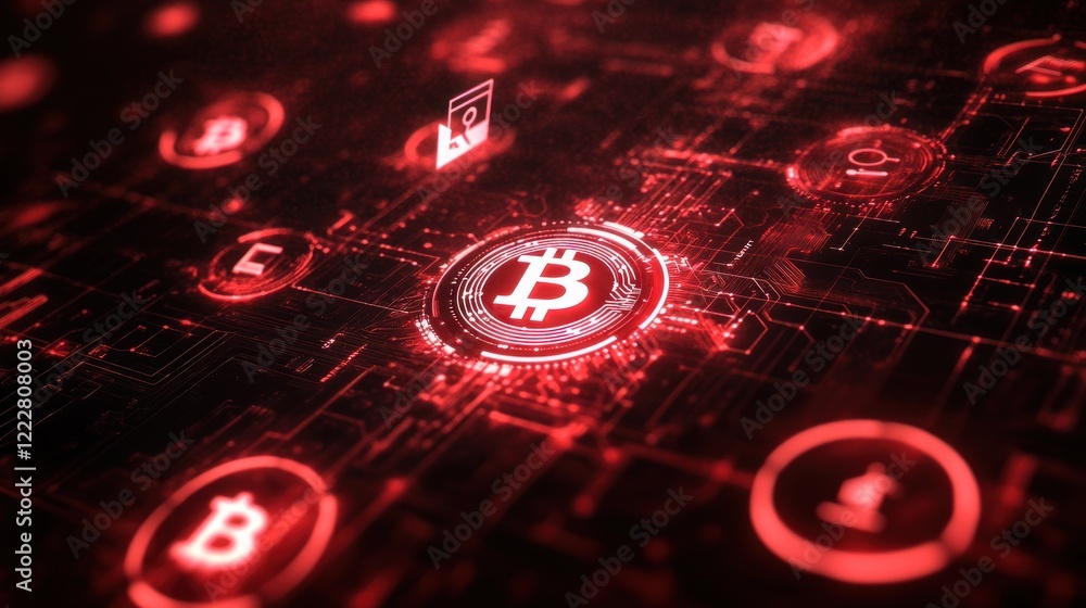 Poster digital representation of bitcoin with a red, tech-inspired background.