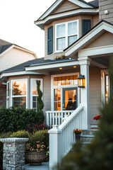 Luxury Home Exterior: Modern Architectural Design, Landscaping, and Evening Lighting