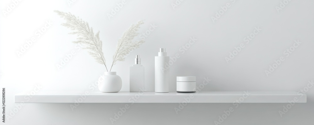 Poster minimalist white shelf with skincare products and decor element in modern setting