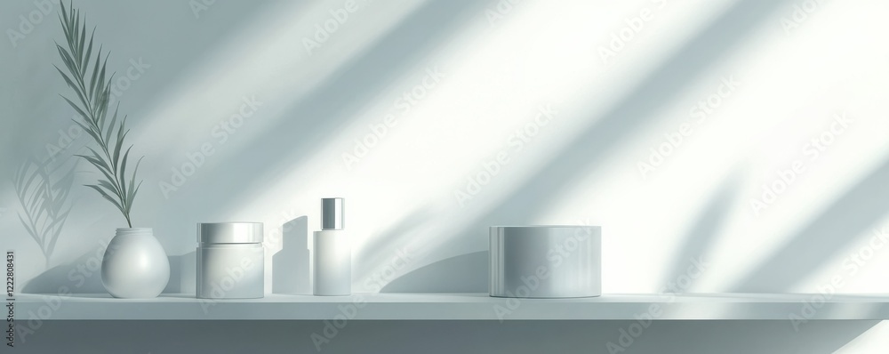 Poster Minimalist skincare products display in soft sunlight with shadow patterns