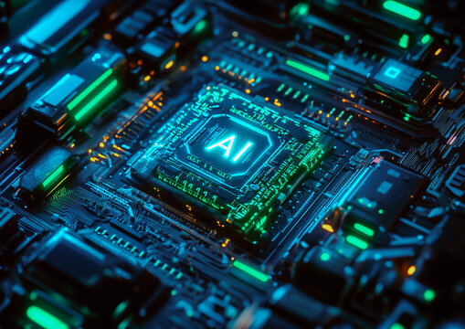 Futuristic AI Microchip with Neon Lights