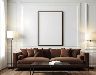 A modern living room featuring a brown sofa with light-colored cushions, positioned in front of a dark coffee table. The wall behind has a large empty frame centered on it.
