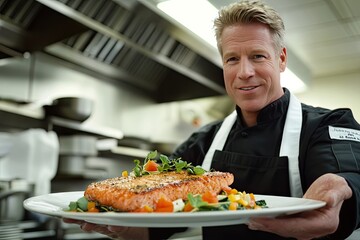 A chef in a professional kitchen, proudly presenting a dish