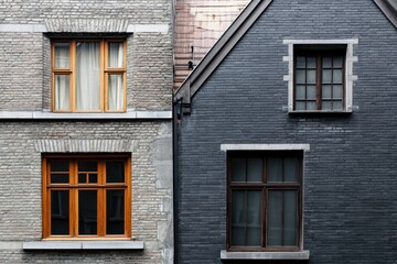 Unique architectural contrast between two neighboring buildings showcasing distinct brickwork and window designs in an urban setting