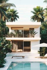 Fototapeta premium Experience a contemporary villa nestled amidst vibrant palm trees, providing a stunning view of a tranquil pool, all set in a picturesque tropical landscape during the bright daylight hours