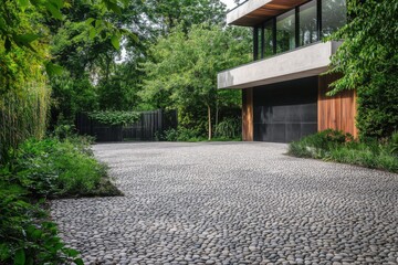 Fototapeta premium This modern home boasts a stunning pebble driveway that is beautifully framed by vibrant, lush greenery, creating a tranquil outdoor oasis