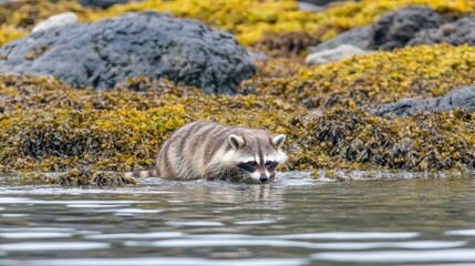Fototapeta premium Raccoon foraging near rocky shoreline seaweed