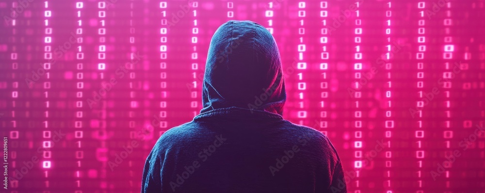Poster a figure in a hoodie stands against a vibrant, illuminated backdrop of binary code, evoking themes o