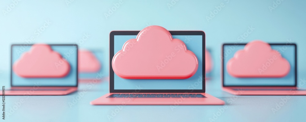 Poster a series of laptops displaying a pink cloud icon, symbolizing cloud computing and technology in a mo