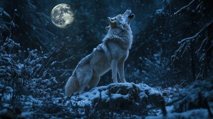 Obraz premium Lone Wolf Howling Under Winter Moon Night