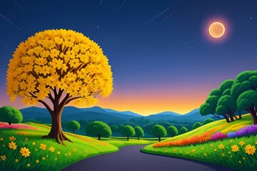Obraz premium Beautiful and Peaceful Nature Scenery Illustration Landscape Countryside Tranquil Vibrant and Colorful